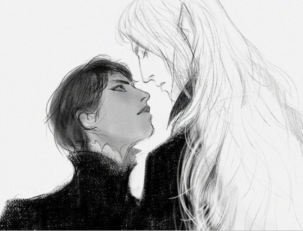 Black and white sketch. Two persons are standing close to each other, tension is felt between them