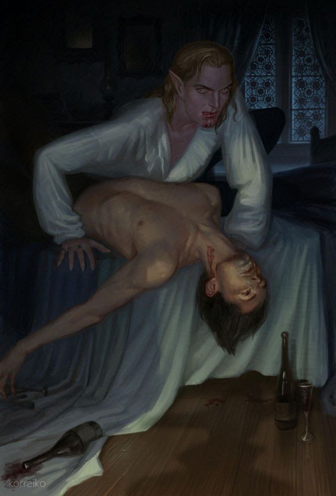 The illustration shows a vampire with a dead man on a bed, the vampire is wearing a white shirt, underneath the vampire lies a dead man with a naked torso, blood is flowing from his neck. The scene takes place at night