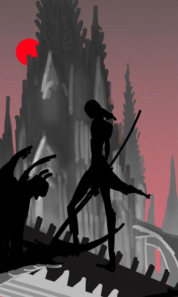 sketch for digital illustration depicting woman in dark dress with scythe in hands behind cathedral