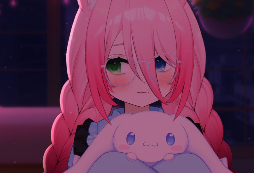 Kofi with their braid toggle on, holding a cinnamoroll plush and pouting. 