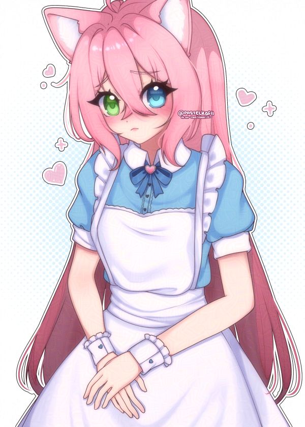 An illustration of Kofi blushing deeply with their head tilted slightly. They are wearing a maid outfit inspired by their usual blue jirai kei style. Their hands are also folded in their lap. 

Art is made by pastelkofii and is not permitted for tracing, reposting or genai use. 