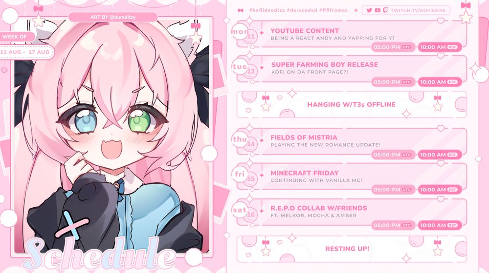 A screenshot of Kofi's schedule for the week. They are streaming Mon, Tue, Thu, Fri and Sat all at 6pm BST. They are doing a variety of games and a collab. 