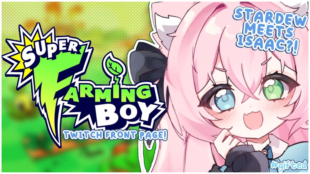 A thumbnail featuring art made by dumditzy of Kofi making a menacing expression. Besides the art there is the Super Farming Boy logo and text which reads 'Twitch Front Page' and 'Stardew Meets Isaac?!'