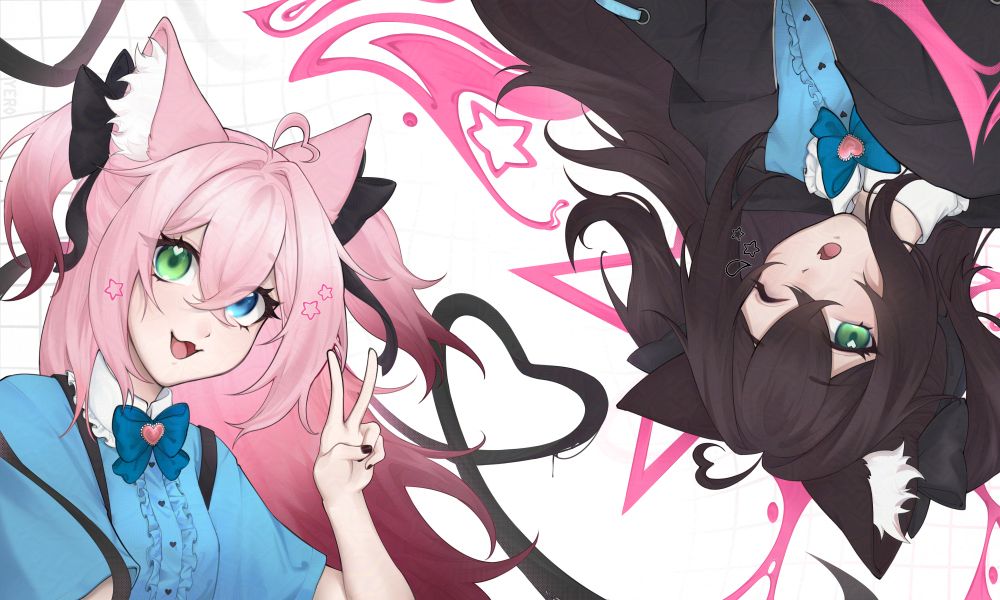 Art created by @yer0.bsky.social, featuring Kofi and Gothi. Gothi is an alternate persona of Kofi, with darker hair and eyes, and lower-energy. Kofi on the other hand is more energetic and happy looking. 

Art is not permitted for reposting, tracing or genai use. 