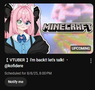A screenshot to show the waiting room on Youtube for Kofi's return stream tomorrow. 