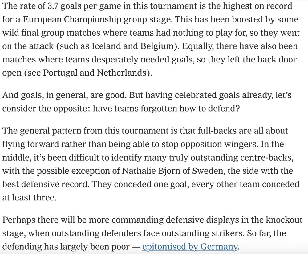 The rate of 3.7 goals per game in this tournament is the highest on record for a European Championship group stage. This has been boosted by some wild final group matches where teams had nothing to play for, so they went on the attack (such as Iceland and Belgium). Equally, there have also been matches where teams desperately needed goals, so they left the back door open (see Portugal and Netherlands).

And goals, in general, are good. But having celebrated goals already, let’s consider the opposite: have teams forgotten how to defend?

The general pattern from this tournament is that full-backs are all about flying forward rather than being able to stop opposition wingers. In the middle, it’s been difficult to identify many truly outstanding centre-backs, with the possible exception of Nathalie Bjorn of Sweden, the side with the best defensive record. They conceded one goal, every other team conceded at least three.

Perhaps there will be more commanding defensive displays in the knockout stage, when outstanding defenders face outstanding strikers. So far, the defending has largely been poor — epitomised by Germany.