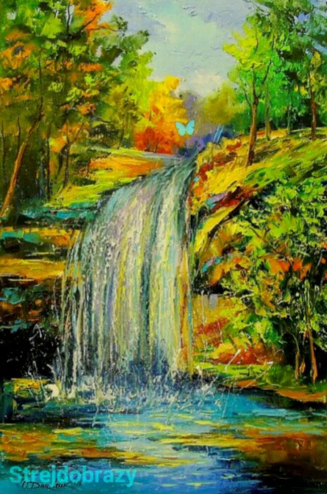 a painting of a waterfall with streidobrazy written on the bottom right