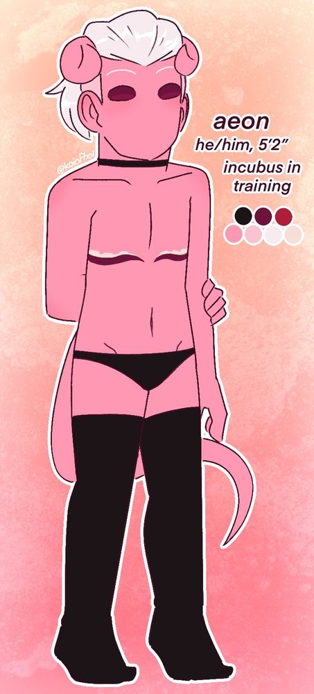 a ref sheet for aeon, a pink demon/incubus with no visible mouth, wearing a choker, underwear and thigh high socks