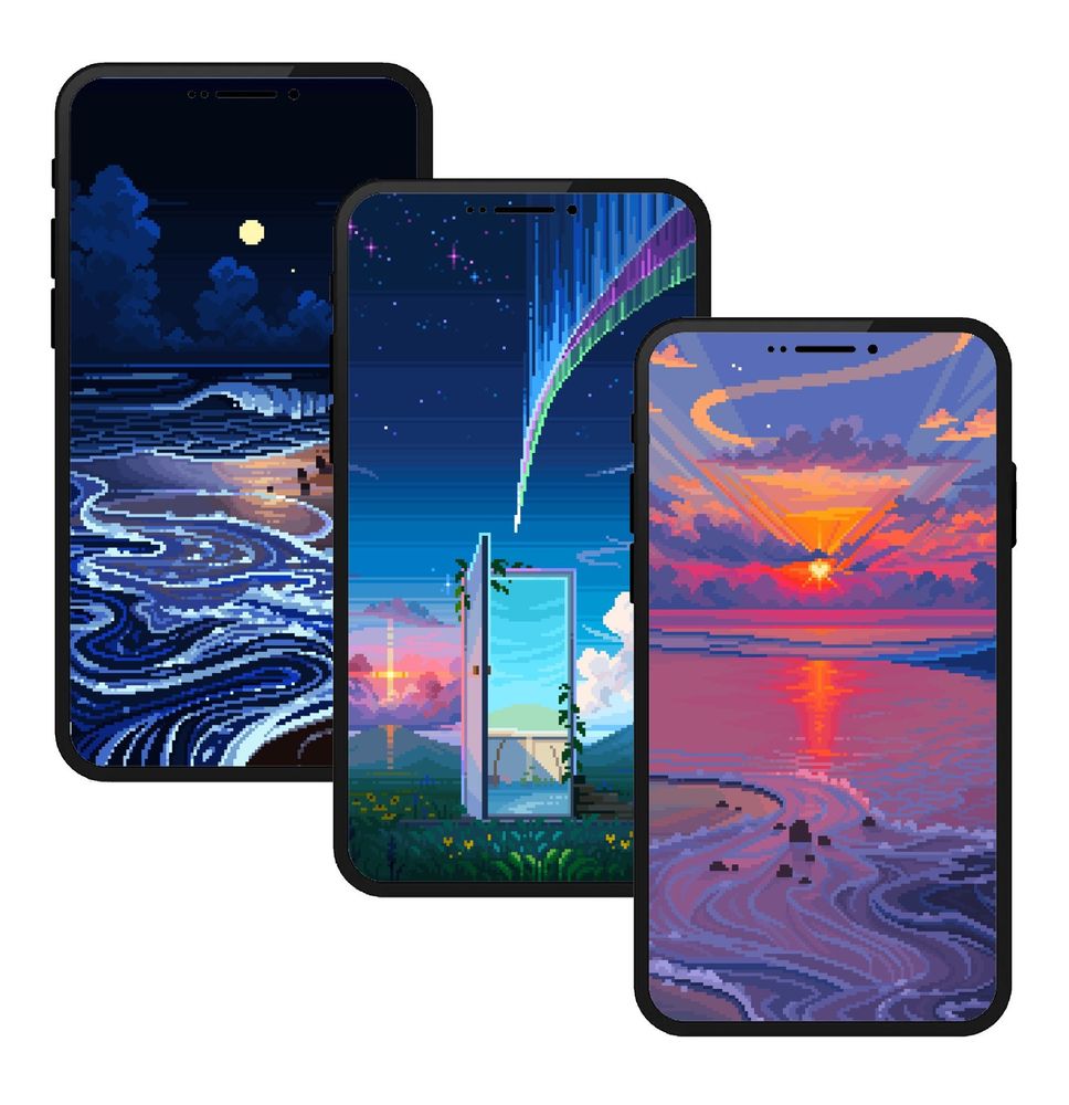 3 simulated phones depicting different pixel art scenes: A beach scene depicting a full moon, waves crashing onto the beach and moonlit clouds. A scene depicting a field with a door open, there's flowers and green grass in the field. The sky in gradient sunset to space with lots of stars and a shooting star/aurora. There's a sunset on the left and blue skies on the right. The scene inside of the door is early morning, depicting flooded ruins. The third is a dramatic sunset over blue/pink/orange sunset. The sun is a heart and there's dramatic sunrays. There's a beach with waves.