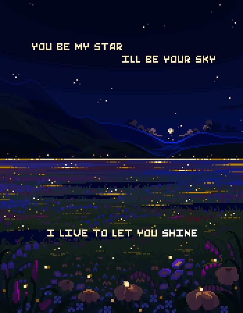 pixel art scene depicting a field full of flowers at nighttime, there are lightening bugs, and a glowing moon. there are also stars shining. mountains are in the background.