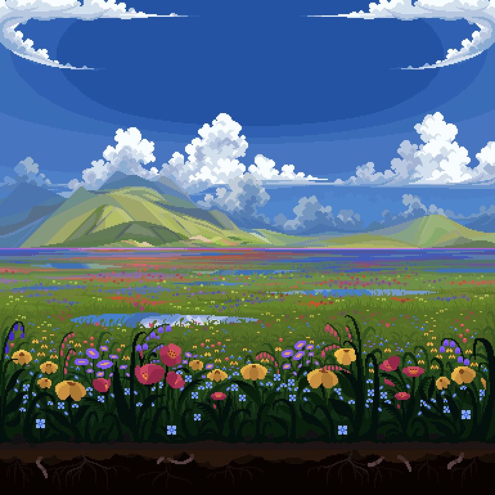 a pixel art scene depicting a wide open field, the foreground has a partially underground view showing worms and roots. There’s a wide variety of flowers in the foreground; forget me not, various daisies, poppies, tulips, lily of the valley, and more. 

The midground shows a vast amount of flowers leading into a sea of flowers. there’s puddles in the field, reflecting the blue sky. 

The background is of softly lit mountains with rolling clouds and a bright blue sky.