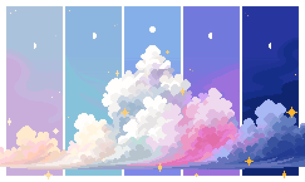 Pixel art featuring one large cloud, with a progression of colors. The starts with soft pink sunrise colors, shifts to midday blues, then purple sunset and a dark blue night sky.

The clouds colors also shifts with the sunset, starting peach, turning white by midday, pink for sunset, and blues for night. The image is transparent.