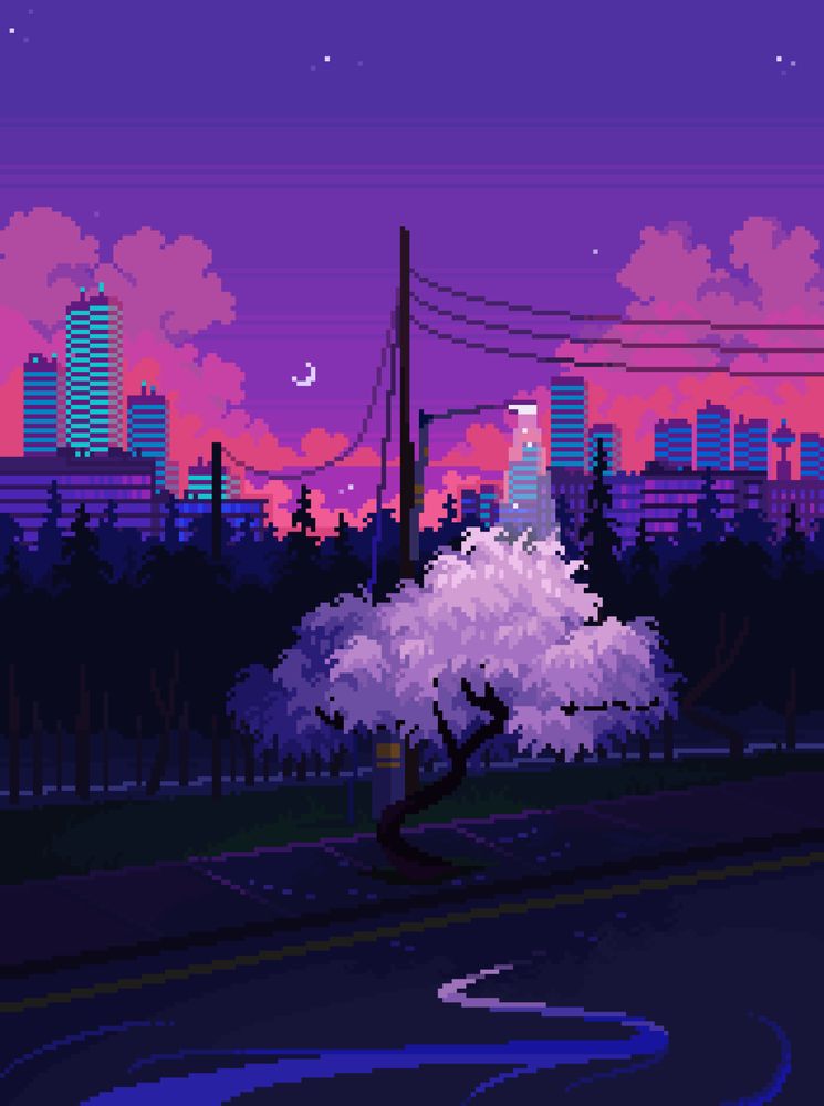 A pixel art scene depicting a purple toned night time scene. There are neon pink clouds in the distance, over a cityscape. There are large towers, with neon teal lights, with smaller suburban buildings in the midground.

The focal point is a lavender colored tree, glowing by being illuminated by a street light above it. There's scattered leaves below, and a reflective puddle on the asphalt below.