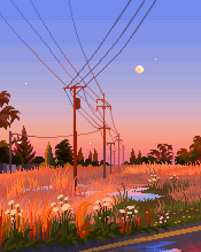 pixel art showing a soft orange and blue sunset, showcasing glowing powerpoles being lit by the sun, a full moon rising, and various ground foliage turning shades of brown as it dies, preparing for autumn.
