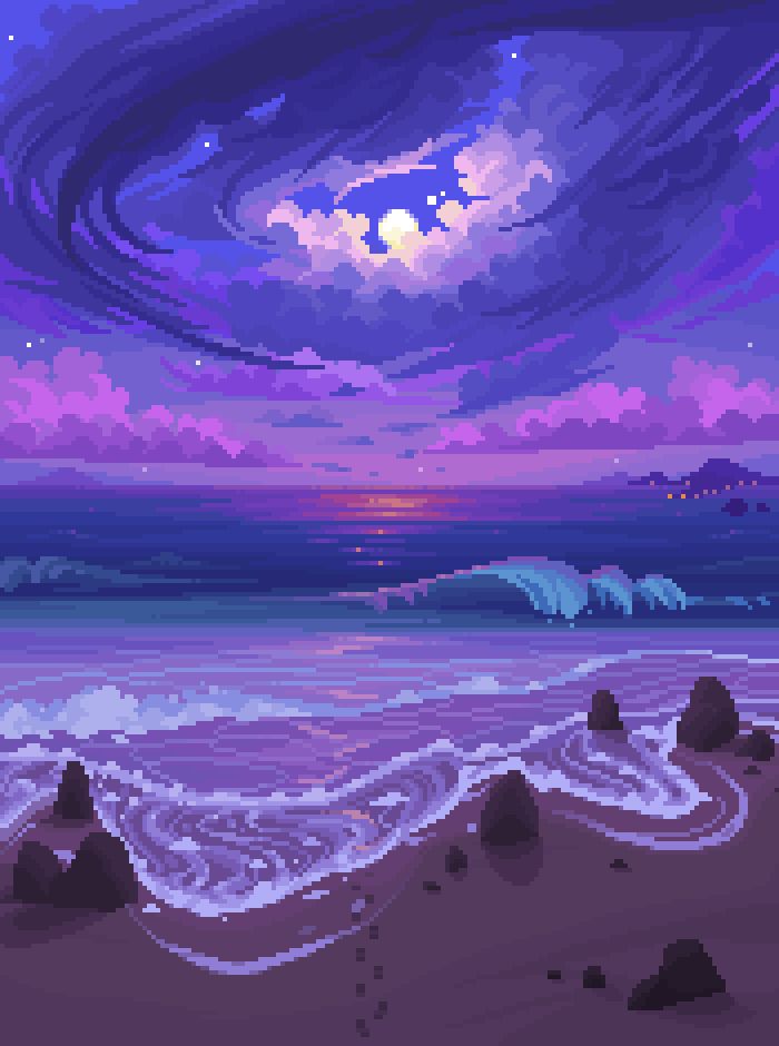 A purple toned night time scene, featuring a full moon rising over the ocean with waves crashing on the beach. There are footsteps leading into the ocean, and distant city lights towards the right.