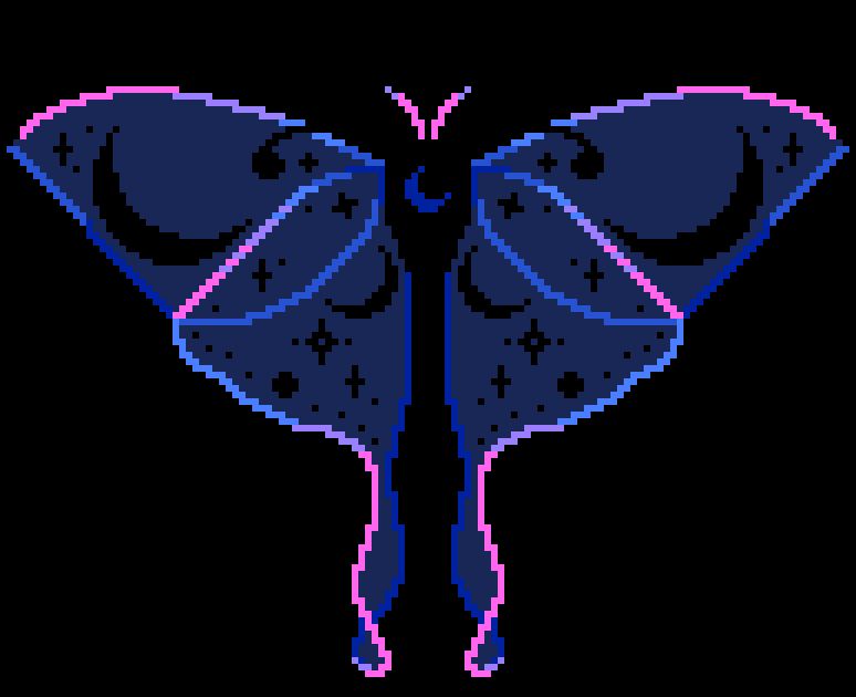 pixel art depicting a lunar moth. the wings are outlined in a pink, purple, and blue with crescent moons and stars in the semi transparent wings. 