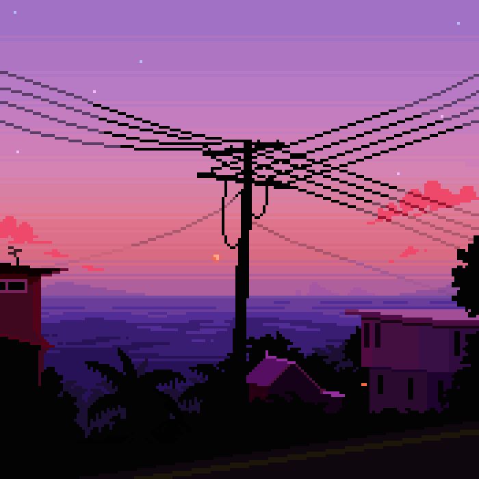 A deep purple and pink sunset, showing a suburban scene overlooking the ocean. There's a powerline and houses in the foreground with palm trees. There's a distant moon setting on the horizon.