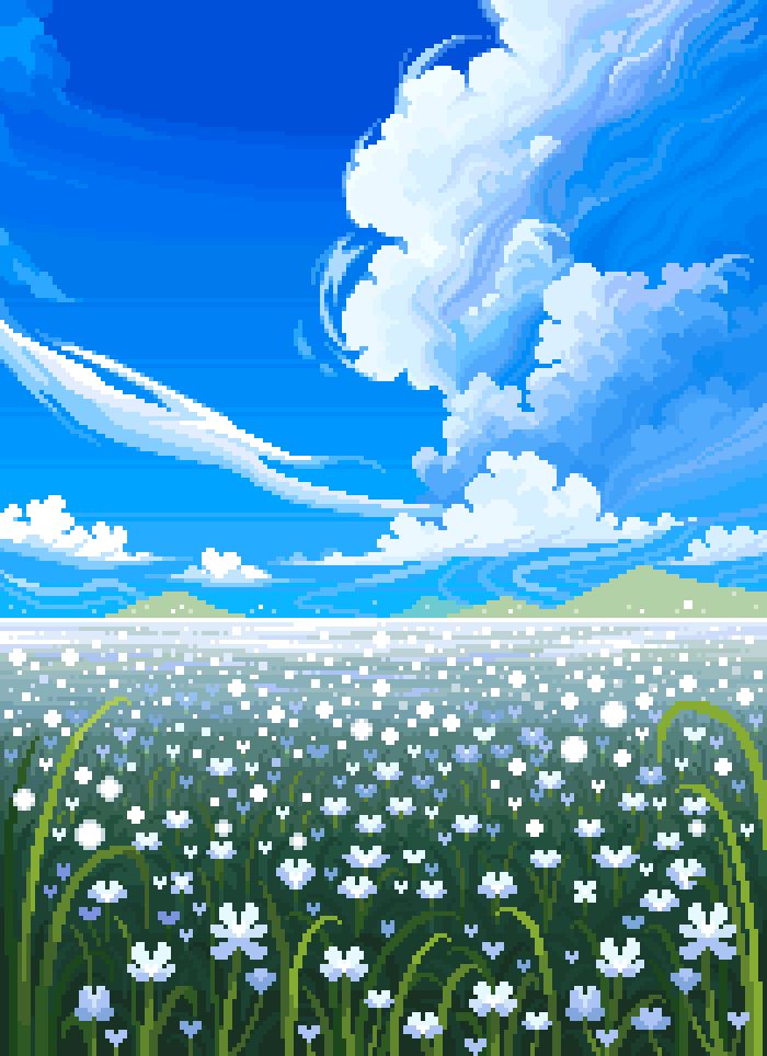 A pixel art landscape featuring a lush landscape, with a blanket of white and blue flowers. There's glowing white orbs and the flowers and orbs blend together in the distance.

There's a bright blue sky, and wispy clouds leading you to a large billowing cloud.