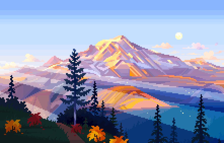 a pixel art landscape depicting a shining mountain top, turned golden hued from the setting sun, there are light rays filter thru foliage and a full moon to the right of the mountain.