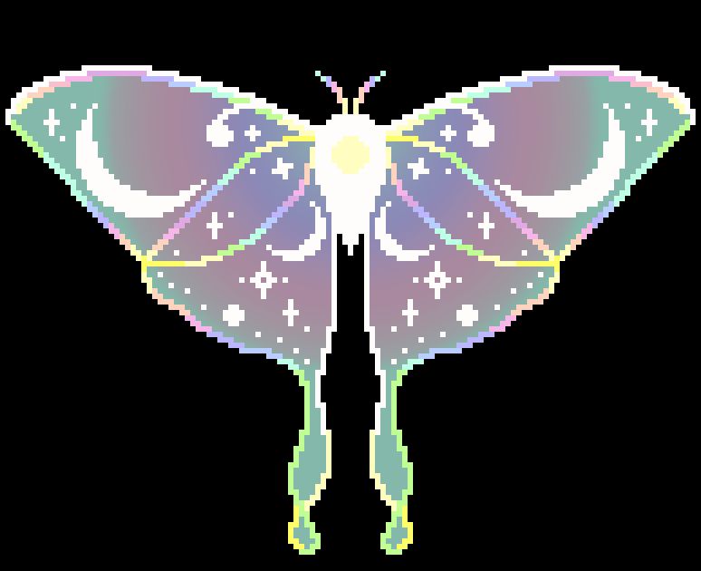 pixel art depicting a lunar moth. the wings are outlined in a rainbow of colors, with crescent moons and stars in the semi transparent wings. 