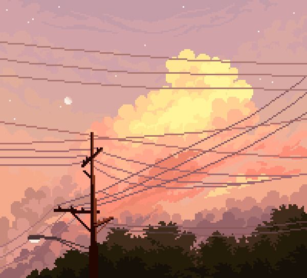 A golden sunset with a large cumulonimbus cloud shining gold against a pink sky. Theres trees, and a powerpole with a light in the foreground. The moon is setting in the background.