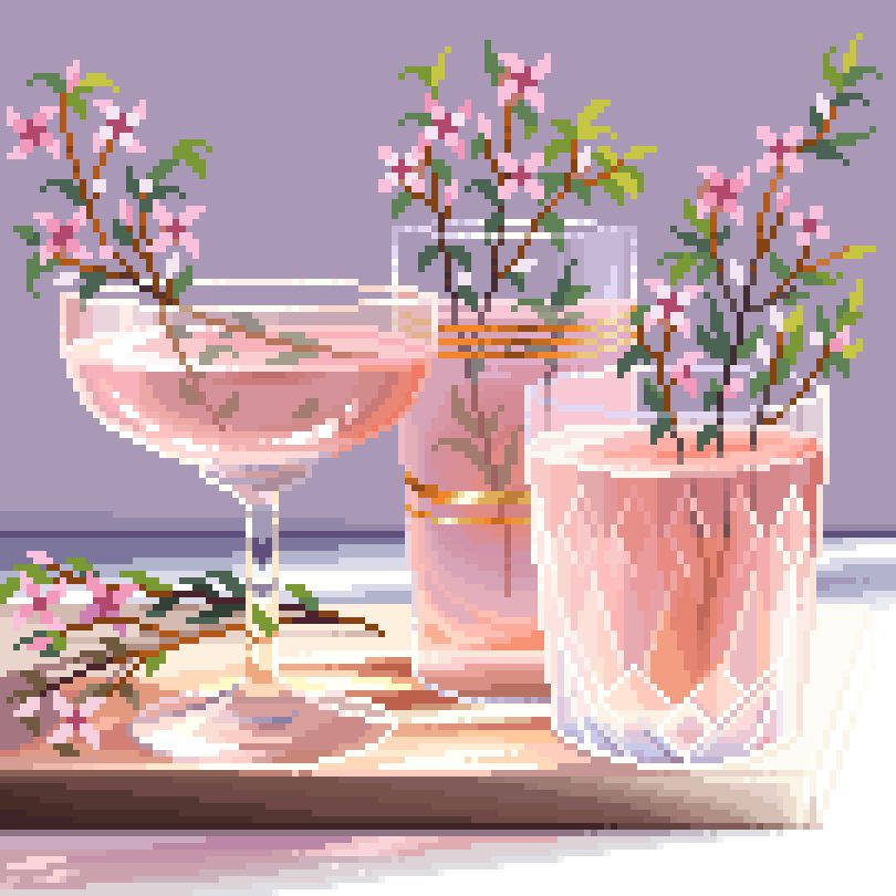 pixel art depicting three different glasses, all containing bright pink rosé wine, garnished with a flowering herb. the glasses are sat on a wooden cutting board and bright light is shinning from the right.