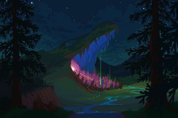 A pixel art landscape depicting a night time scene. The colors are dark blue, with a teal tint. The viewer in tucked into a dark forest, by a creek. The creek leading into a waterfall overlooking a vast valley. 

In the valley is a large cavern. It appears to be the skull of an animal, like a snake or dragon. Inside of the skull cavern is a large thriving city. There’s neon beams casting into the sky, and the lights of the city get more intense as you go deeper into the cavern. The creek flows down into the valley and comes to an end behind the cavern. 