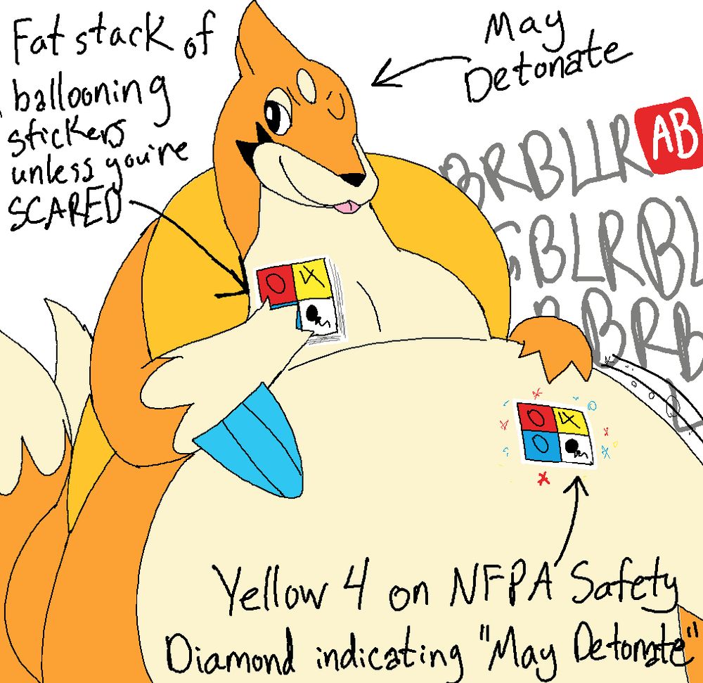 a floatzel having donned a nfpa diamond sticker indicating 0 for the red and blue diamonds, a 4 for the yellow diamond, and a balloon in the other diamond. The yellow 4 indicates "May Detonate" as the sticker is making them swell up big and tight like a BALLOON. 

They have plenty more of these stickers