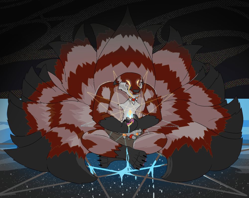An anthro 1-27 tailed fox sitting above the sky pouring some kind of feeling down into it