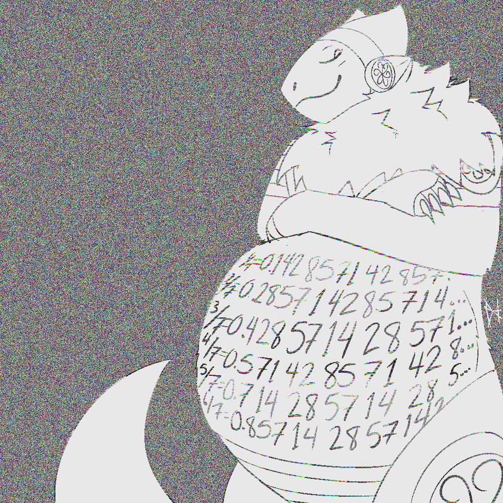 a heavyset protogen with the decimal equivalents of fractions written on their belly to demonstrate the peculiar cyclical nature of the decimals of 1/7, 2/7 and so on