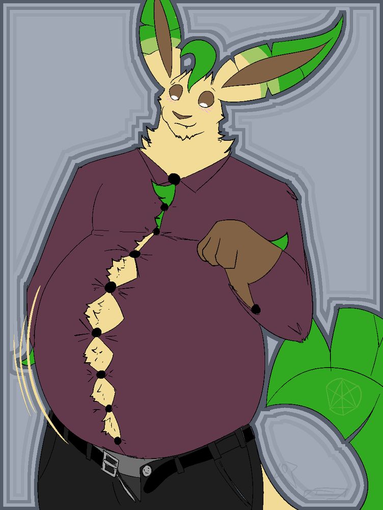 an anthro Leafeon in business clothes growing too fat for his clothes
