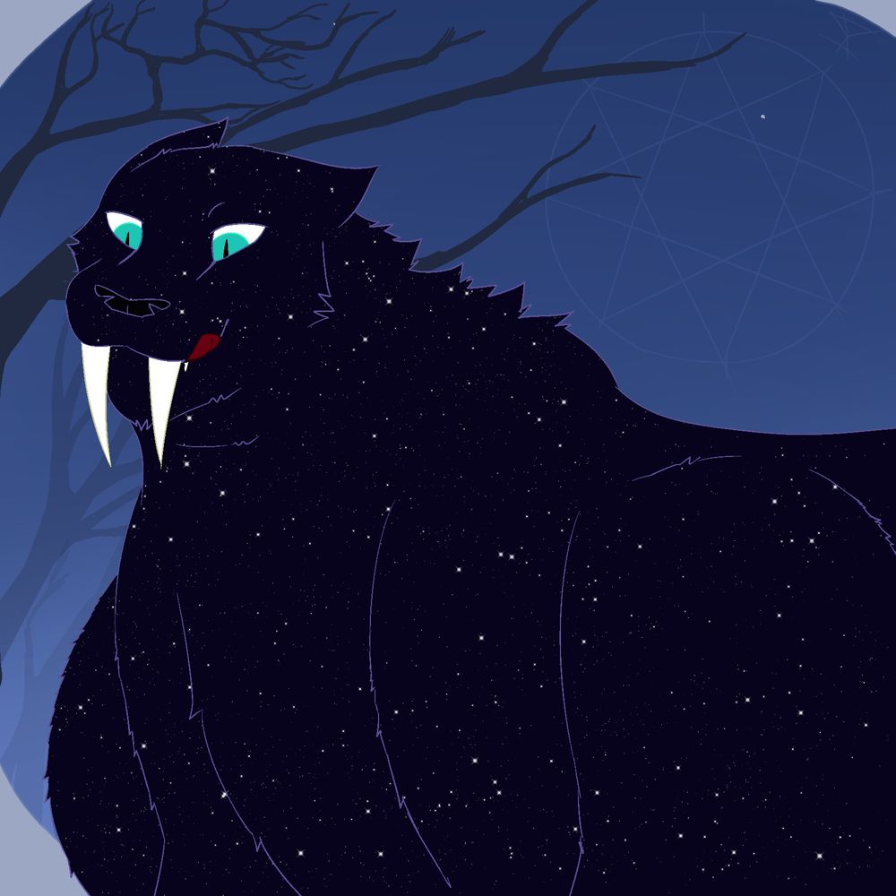 a starry-pelted smilodon who is much too fattened to be pouncing