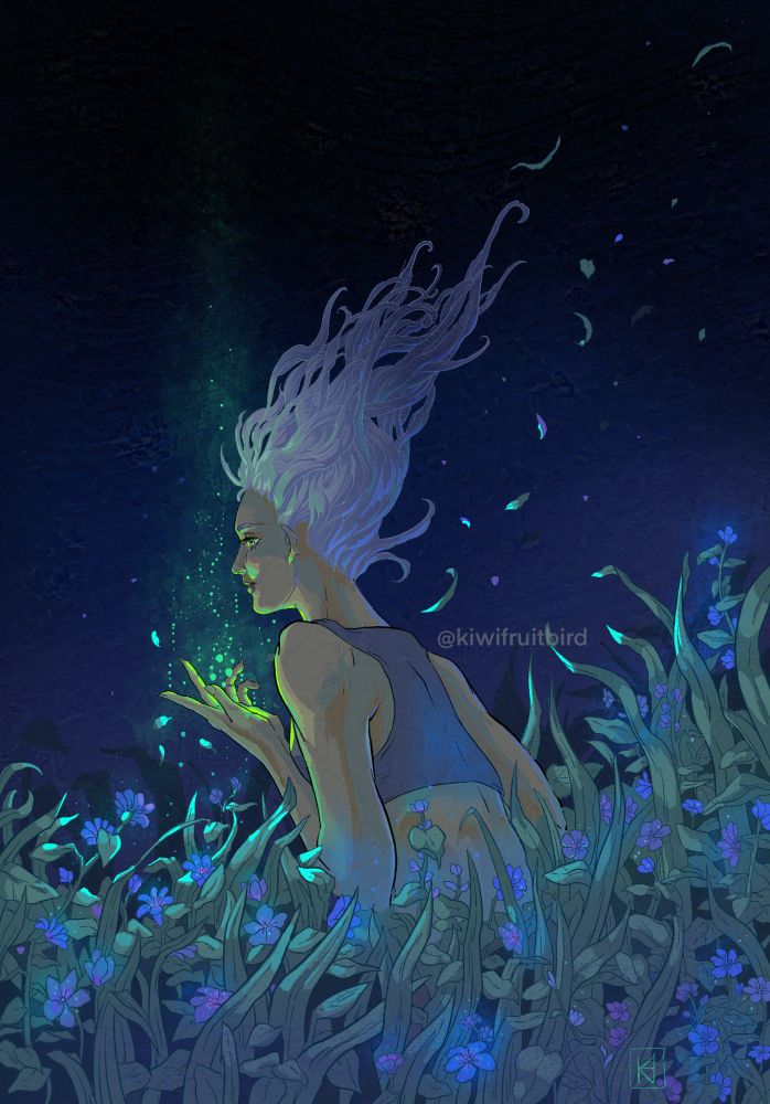 Illustration of a woman sitting in a dark field with glowing green in her hand