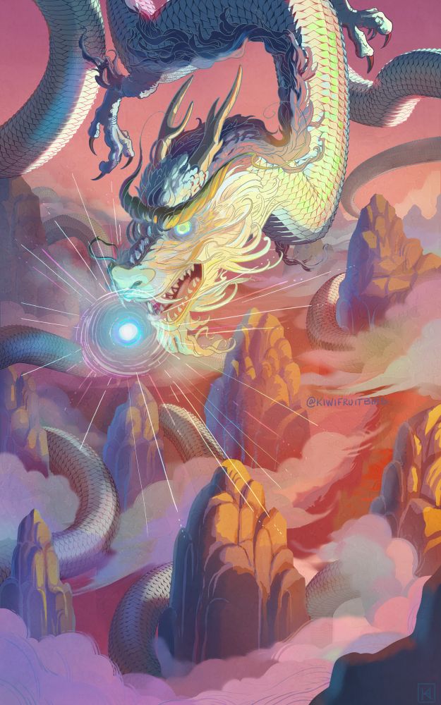 illustration of giant dragon about to eat a glowing orb over the Guilin mountains of China