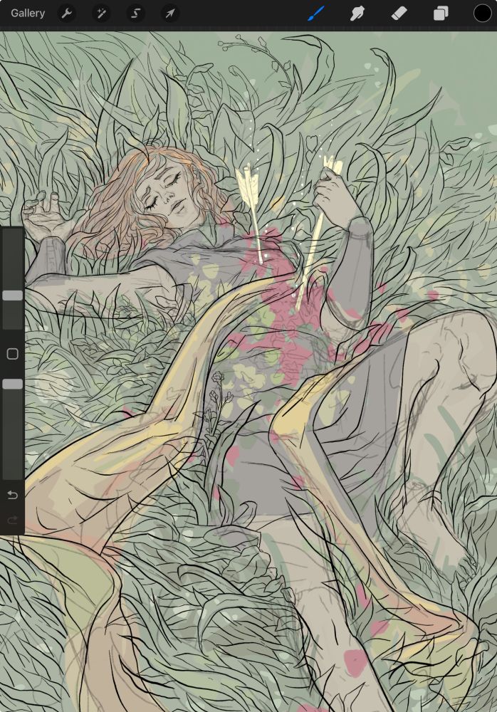 Screenshot of an illustration in progress depicting a woman laying in tall grass, shot by two golden arrows