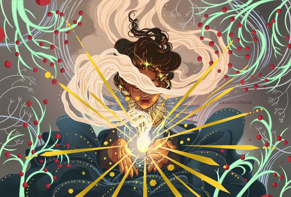 illustration of a woman holding a glowing light in her hands exploding outward, surrounded by green branches with red berries 