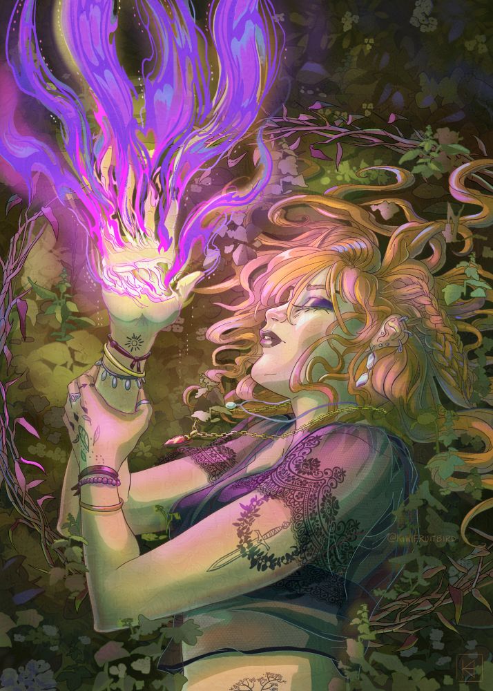 Illustration of a woman laying on forest floor with purple magic exploding out of her hand