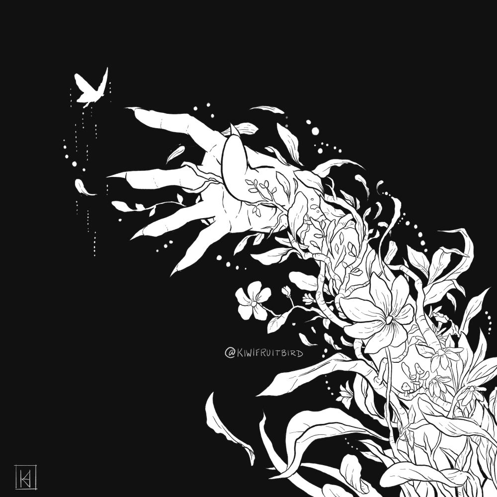Black and white illustration of a clawed hand reaching out of vines to try and touch a butterfly 