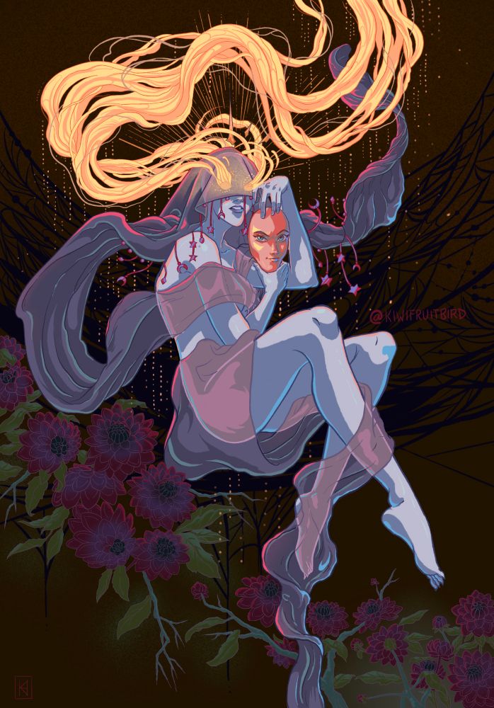 Illustration of a floating figure holding a human faced mask in front of her veiled face as Imposter Syndrome 