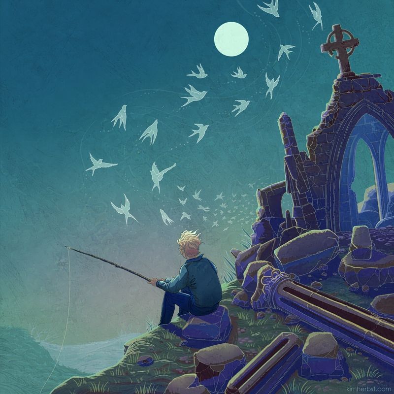 Illustration of a boy fishing on a hill with a collapsed church next to him and birds in the sky 