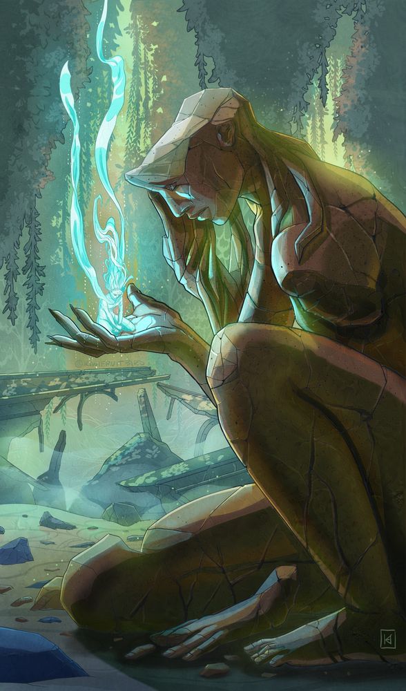 Illustration of a crumbling deity in the woods with a glowing woman held in her hand