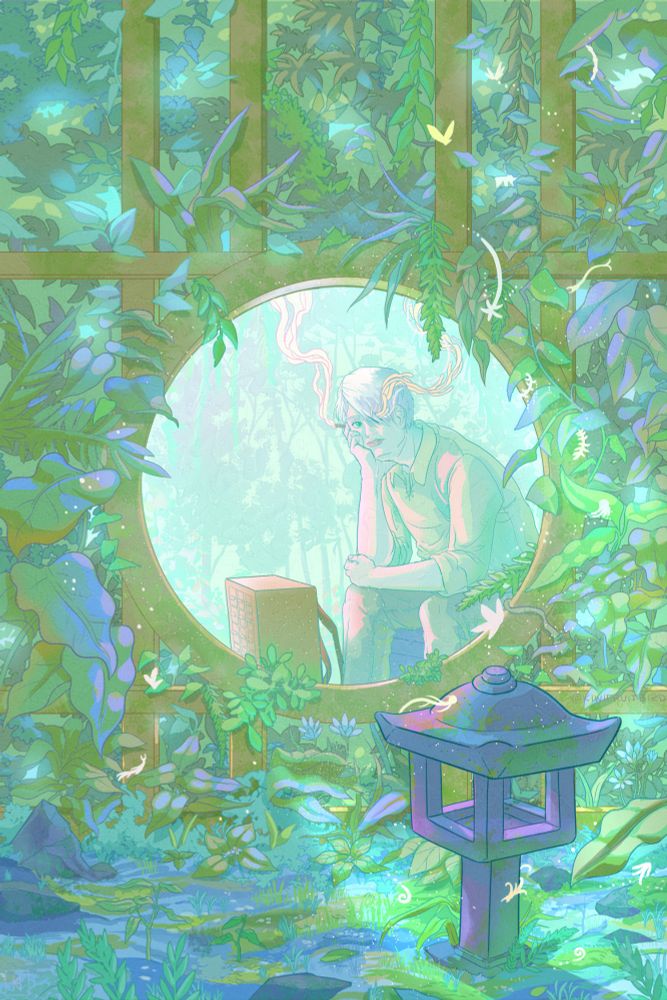 Illustration of Ginko from Mushi-shi sitting behind a moon gate amongst plants and a stone lantern