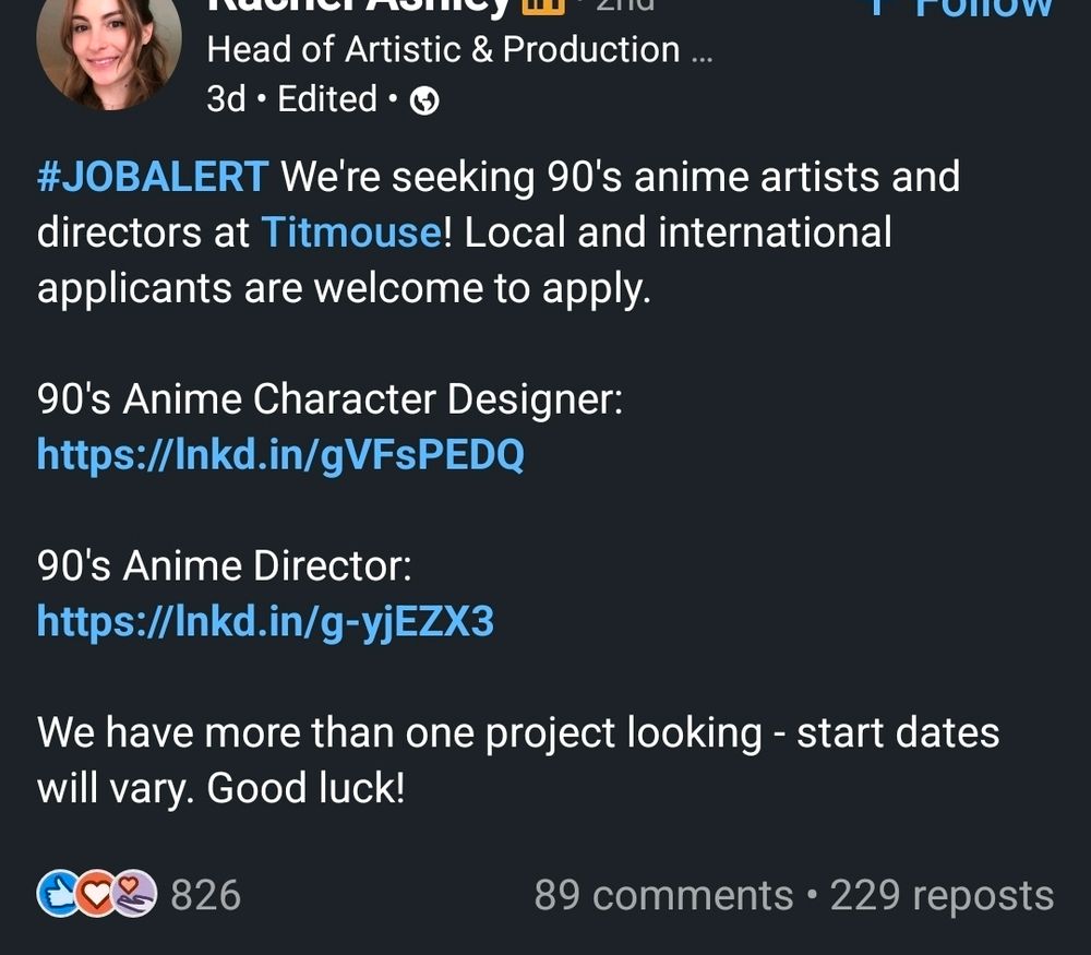 LinkedIn screenshot of a job alert for a 90s anome artist/director positions available