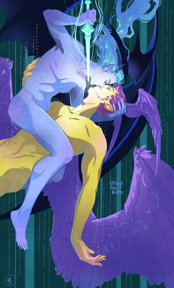 Illustration of a demon and angel kissing while one brings a glowing dagger down to the other's chest