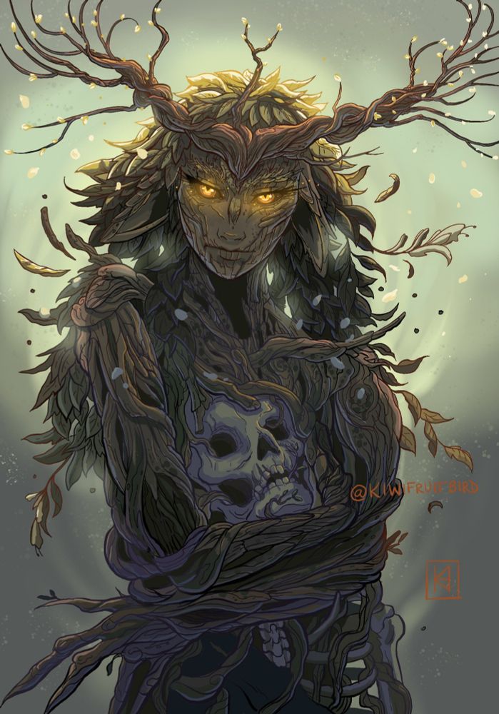 Illustration of a forest siren growing over a skull lodged in her ribcage