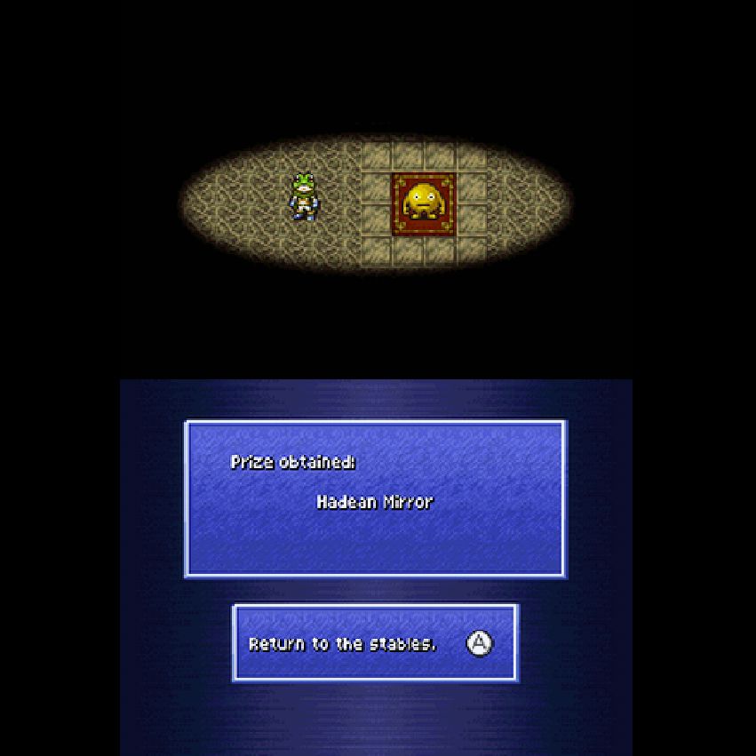 Screencap of me receiving the "Hadean Mirror" accessory as a reward from the Arena of the Ages minigame in Chrono Trigger DS.