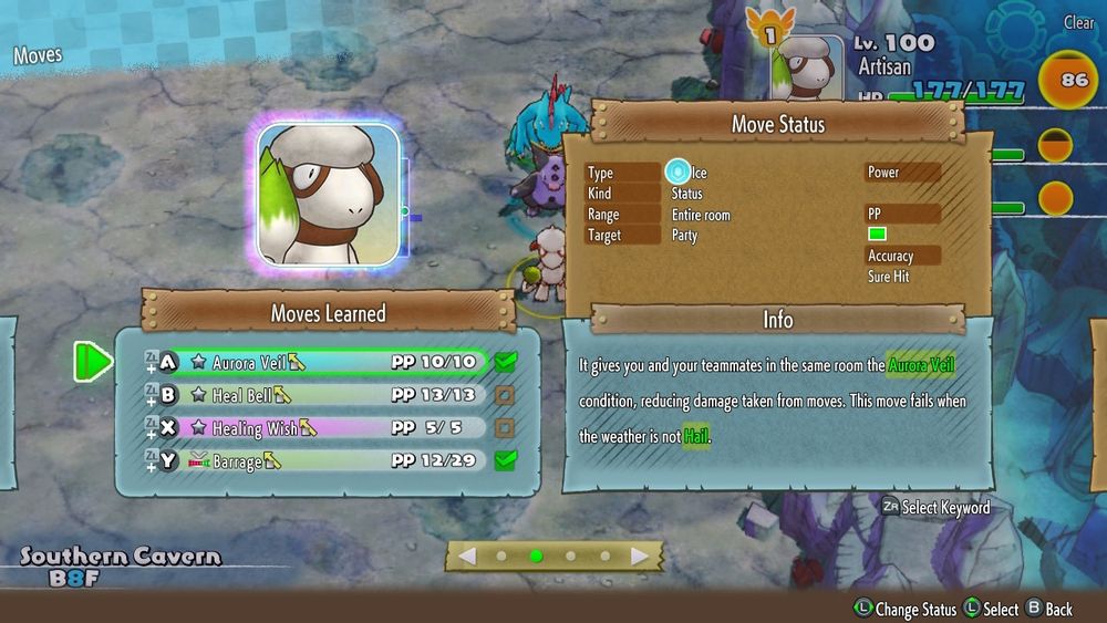 Picture of a Smeargle moveset in Pokemon Mystery Dungeon: Rescue Team DX. This shows the description of Aurora Veil, which sets screens on all allies in the same room while the Hail weather is occuring.