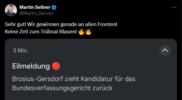 Screenshot eines Tweets von Martin Sellner. Text: „Sehr gut! Wir gewinnen gerade an allen Fronten! Keine Zeit zum Trübsal Blasen! 🔥🔥“. Darunter ein eingeblendeter Screenshot einer Eilmeldung mit rotem Punkt: „Brosius-Gersdorf zieht Kandidatur für das Bundesverfassungsgericht zurück“.