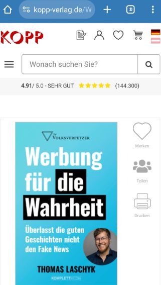 Thomas Buch im Shop des rechtsesoterischen Kopp-Verlags, man sieht das Cover und deren Website