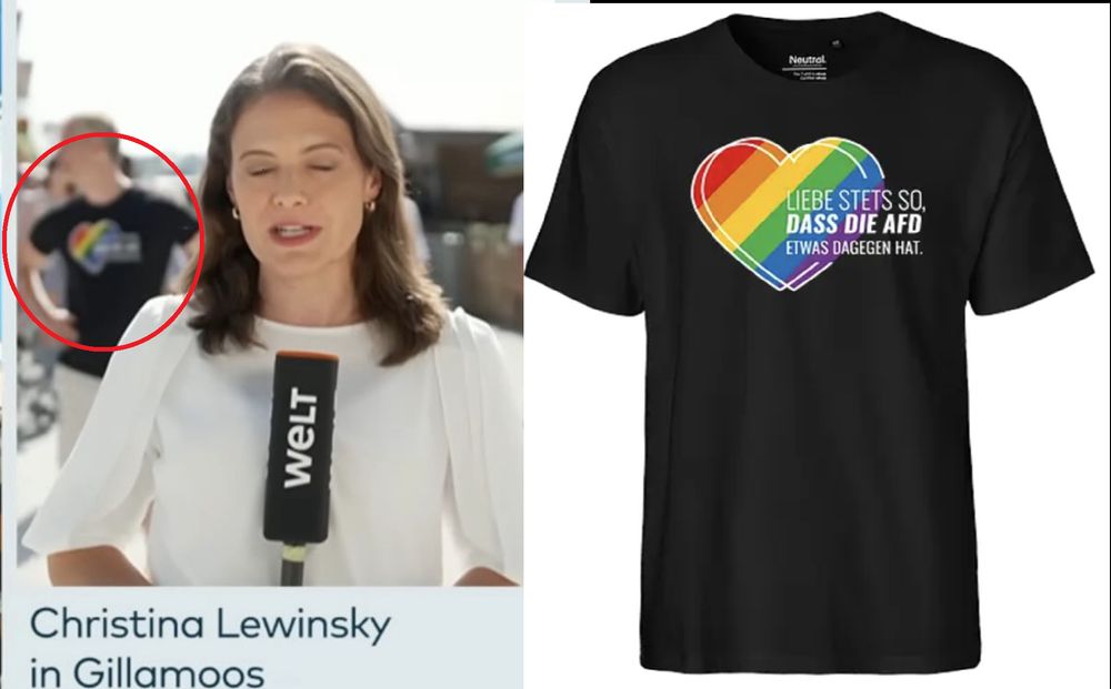 Geteiltes Bild. Links eine TV-Reporterin bei einer Außenmoderation mit „WELT“-Mikrofon; unten eine Bauchbinde mit Name und „… in Gillamoos“. Hinter ihr, rot eingekreist und unscharf, steht eine Person im schwarzen T-Shirt mit Regenbogen-Herz und dem Aufdruck: „Liebe stets so, dass die AfD etwas dagegen hat.“ Rechts daneben eine freigestellte Produktaufnahme genau dieses T-Shirts.
